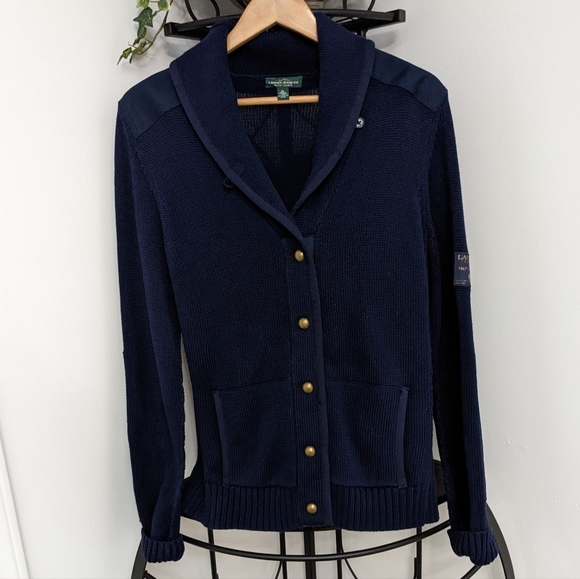 Lauren Ralph Lauren Navy Shawl Collar Elbow Shoulder Patch Gold Button Cardigan - Picture 13 of 13
